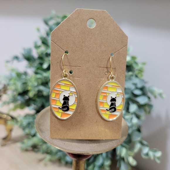 New 18k Gold Plated Black Cat Star Window Stained Glass Enamel Earrings Gift - Picture 1 of 1